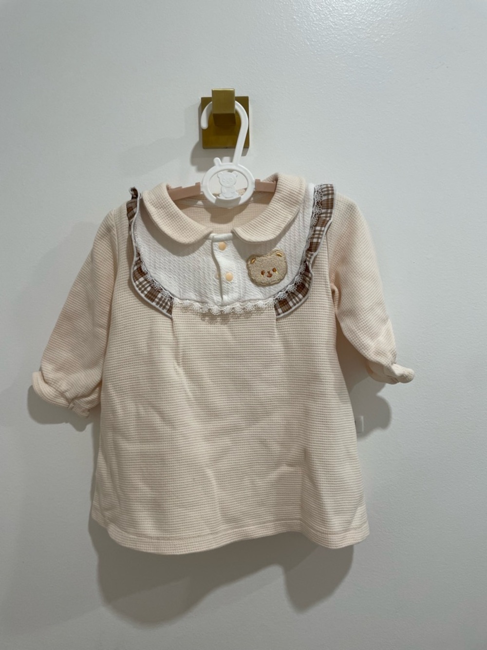 Cream Baby Girl Long-Sleeve Dress Top with Bear Detail